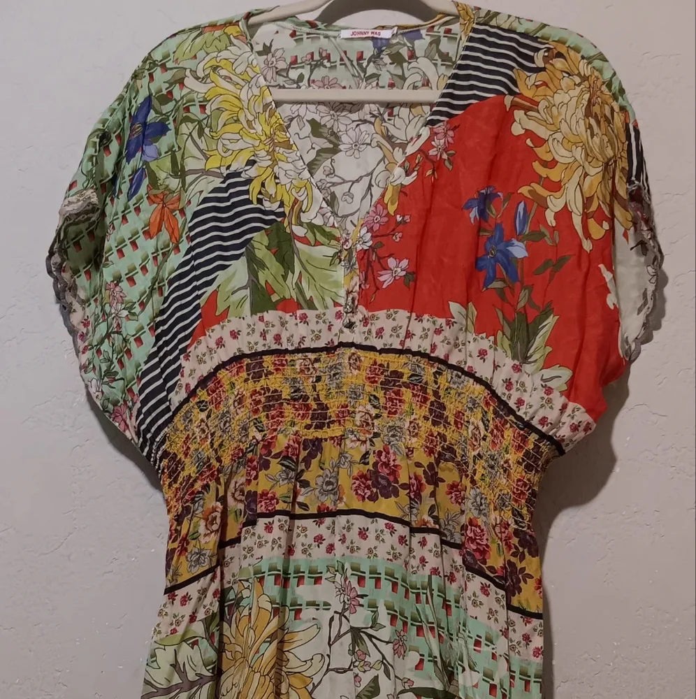 Johnny Was Maxi Dress Silk Patchwork SzL Green/Red Floral Boho Lightweight - Picture 15 of 15